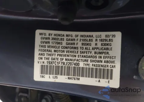 2020 Honda Civic Ex-L z USA, uszkodzony, nr VIN 19XFC1F79LE207400